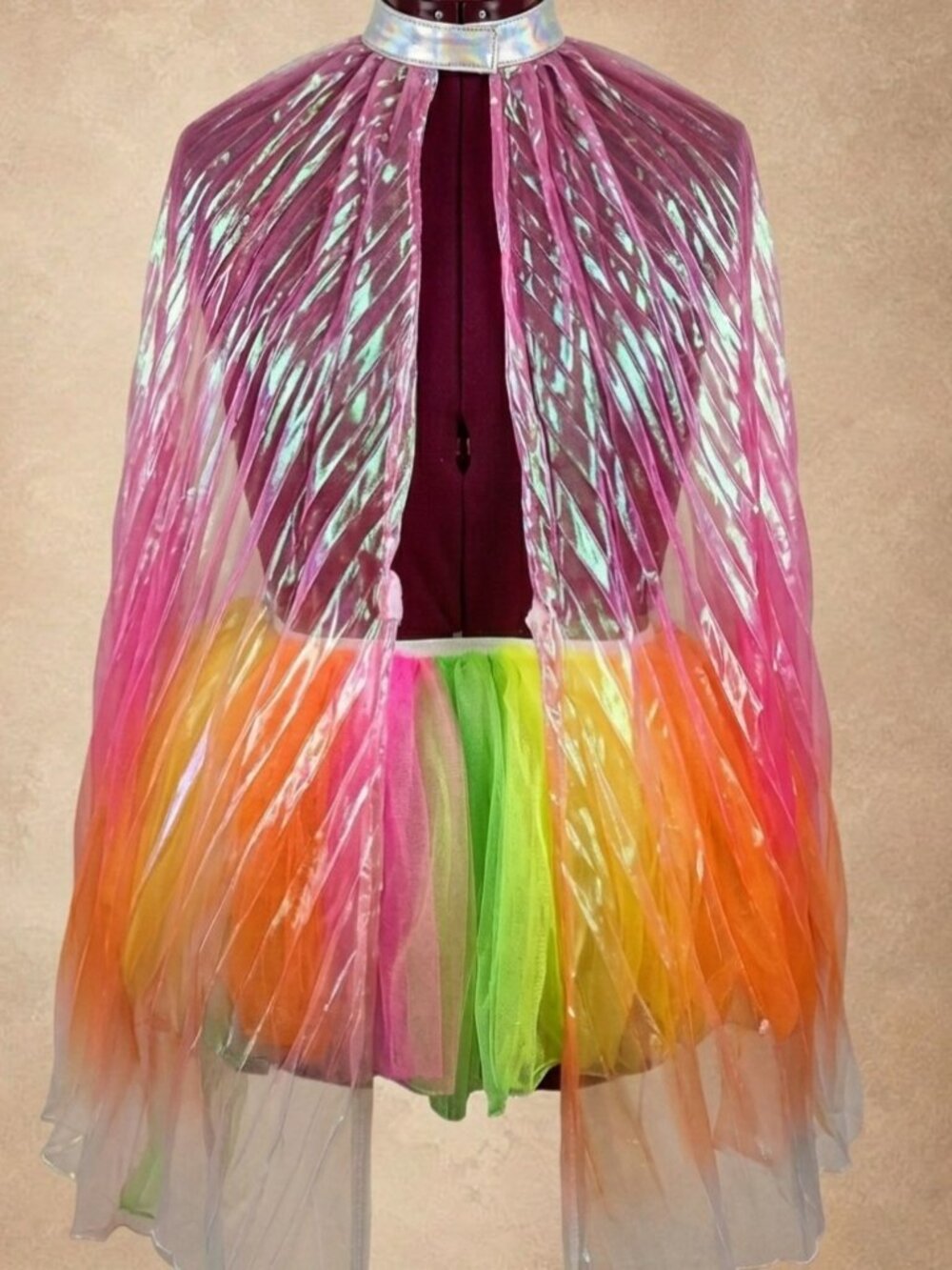 Pleated Wing Cape OS Women Neon, Pink & Orange Iridescent Choker Collar Rave